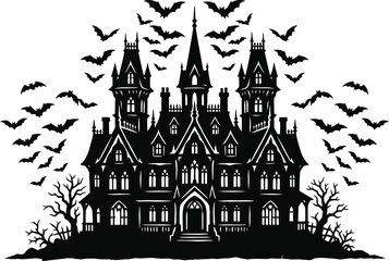 Fototapeta premium Spooky gothic castle silhouette surrounded by flying bats on a white background