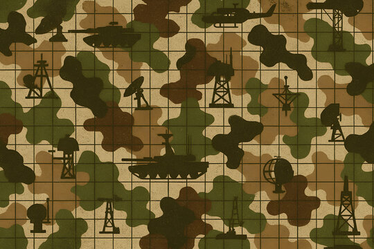 Military Camouflage Pattern with Tactical Equipment Silhouettes and Grid