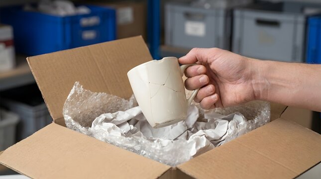 Customer holding a broken and cracked ceramic mug found inside a shipping box, illustrating a damaged package delivery and poor handling during transit in a warehouse setting.