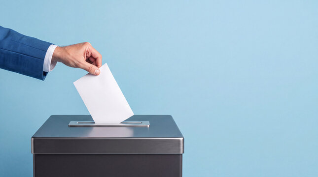 Close up of a businessman's hand putting a white ballot paper into a metal voting box during an election, concept for democracy, choice, and political participation on blue background.
