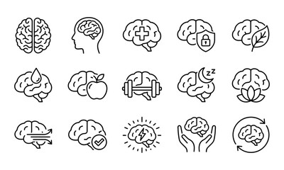 Fototapeta premium A set of thin line icons representing the human brain and mental health concepts for medical and wellness design