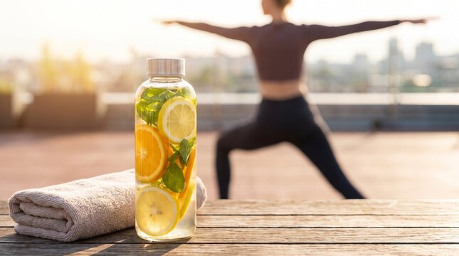 Infused water bottle containing lemon, orange, and mint leaves on wooden table, with woman practicing yoga on sunny rooftop terrace, promoting hydration, fitness etc