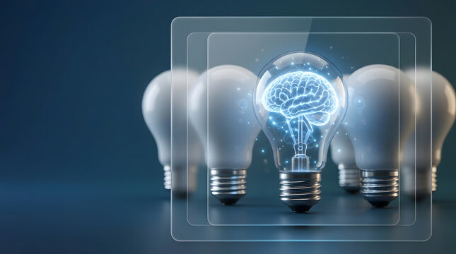 Conceptual image of a glowing light bulb with a blue digital brain inside, standing out among ordinary dim light bulbs, representing artificial intelligence, innovation, and creative power.