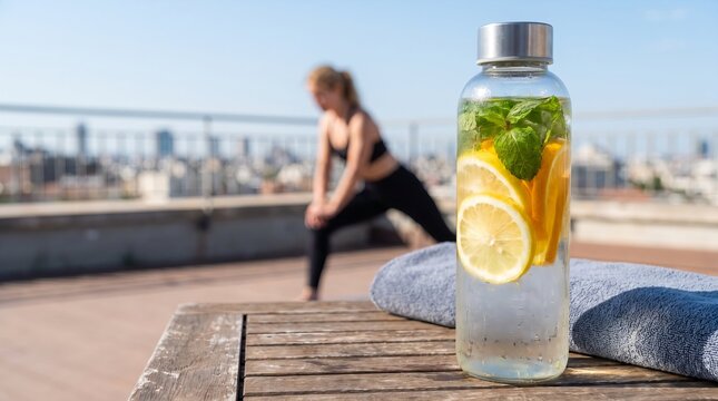 Infused water bottle containing lemon, orange, and mint leaves on wooden table, with woman practicing yoga on sunny rooftop terrace, promoting hydration, fitness etc