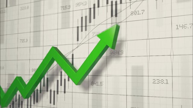 Bright green arrow rising on financial chart, business success and market growth concept