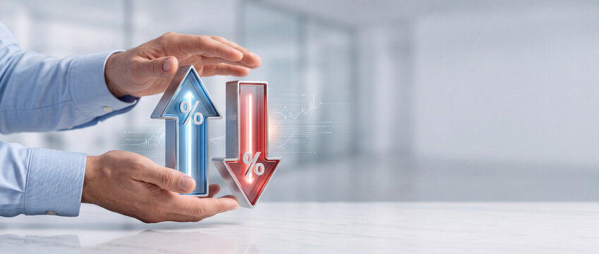 Businessman Hands Framing Up and Down Arrows with Percentage Symbols, Representing Interest Rate Fluctuations, Financial Market Volatility, Inflation Trends, and Economic Banking Decisions