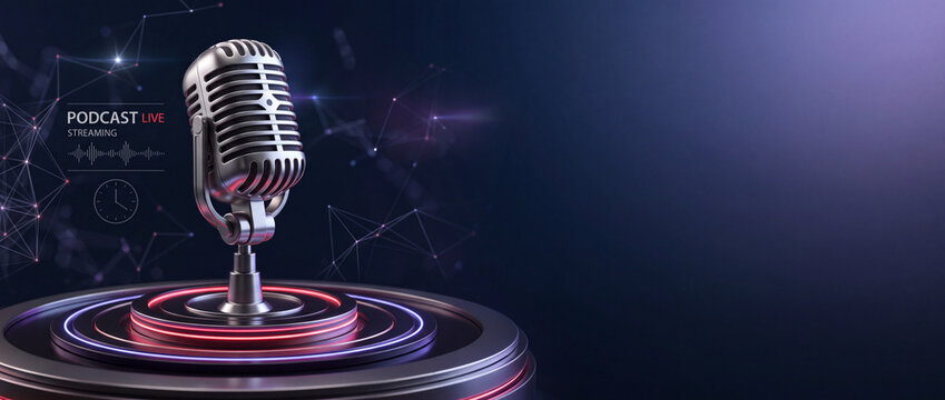 Professional retro silver microphone on a glowing circular neon platform with podcast live streaming text and abstract digital network background for broadcast, radio, and webinar concept.