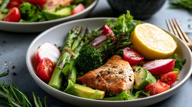 A vibrant bowl of grilled salmon with asparagus  cherry tomatoes  avocado  radishes  and lemon wedge on a bed of greens