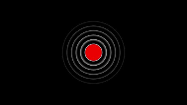 Concentric grey rings emanate from a central bright red circle against a black background, creating a visual representation of a signal, target, or alert with a strong, focused impact
