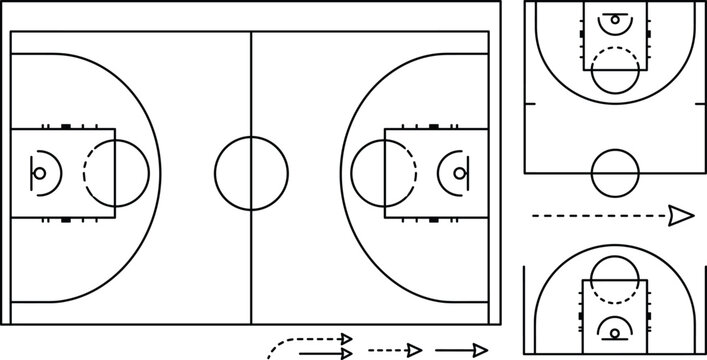 Basketball Court Layout and Strategy Board Diagram Set with Tactical Schemes, Half Court Views, Play Pointers, and Line Markings for Sports Coaching Templates