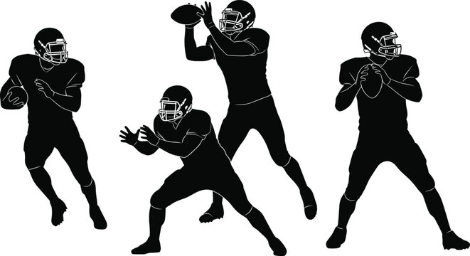 American football quarterback silhouette, throwing pass, helmet uniform action, sports training pose, athlete motion, team game, competitive field strategy