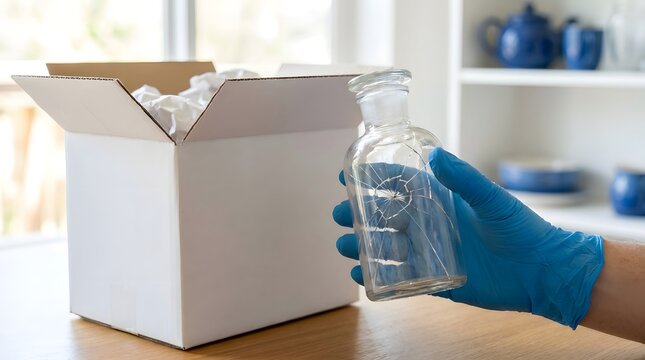 Hand in Blue Protective Glove Holding a Cracked Glass Bottle Near an Opened Delivery Box Showing Damage Package During Shipment or Poor Handling of Fragile Goods in a Home or Laboratory Setting