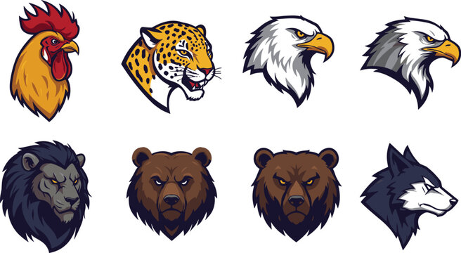 Animal head illustration, fierce lion, bold eagle, cartoon bear, roaring wolf, powerful leopard, mascot design, wild creature, strong character, graphic art