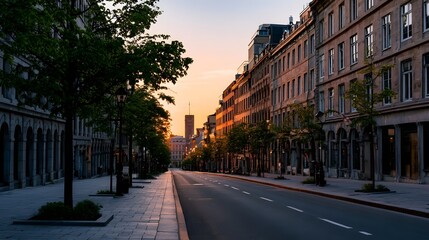 Fototapeta premium Sunset casts warm glow over quiet urban street lined with historic stone buildings and leafy trees