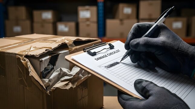 Professional logistics worker wearing protective gloves filling out a damage checklist form on a clipboard while inspecting a broken cardboard shipping box in a warehouse storage facility.