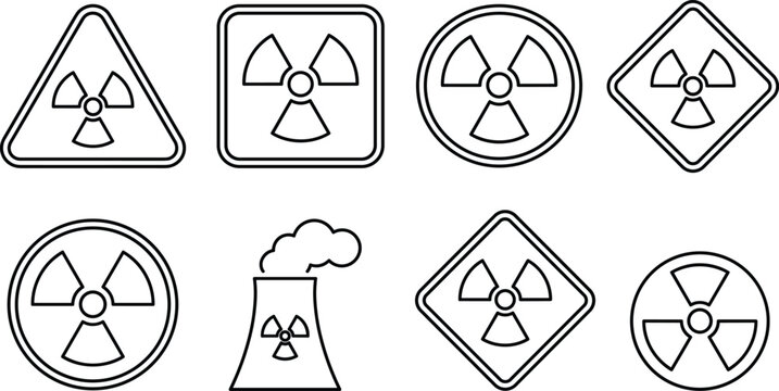 Radioactive and Nuclear Radiation Warning Sign Icon Set with Toxic Hazard Symbols and Cooling Tower Graphic for Industrial Safety Labels and Digital Media