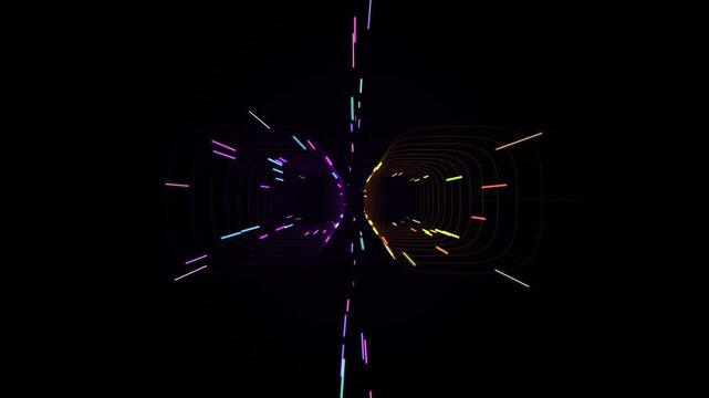 Colorful cyber light streaks converge through a futuristic warp conduit