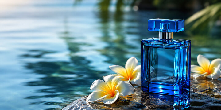 Blue perfume bottle with tropical plumeria flowers on a wet stone poolside with soft morning light
