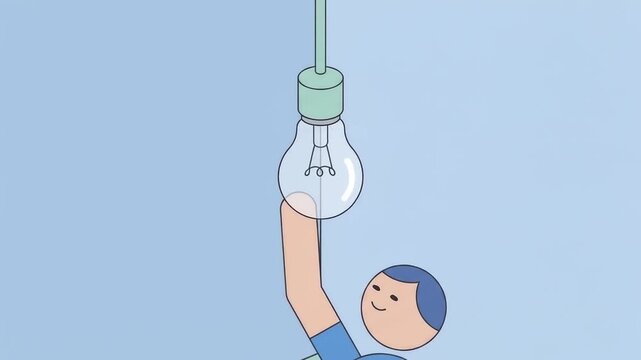 Minimalist vector illustration of a cartoon man reaching out to touch a hanging light bulb representing a new idea and creative inspiration