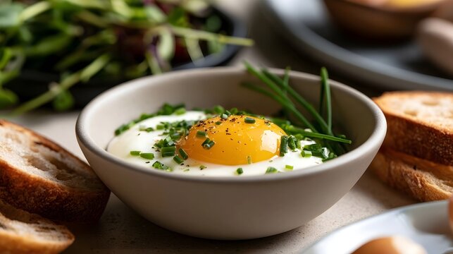 A perfectly cooked egg with vibrant yolk  garnished with chopped chives and black pepper  served in a ceramic bowl with toasted bread and fresh