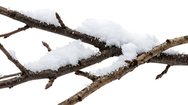 Snowcovered tree branch in winter isolated on transparent background