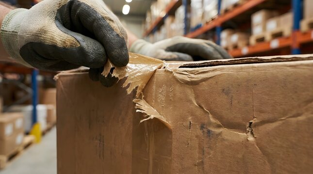 Close-up of a worker's hand in protective gloves inspecting a damaged cardboard box with torn packing tape in a warehouse, highlighting issues with package security and logistics handling.