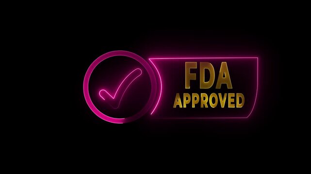 glowing neon FDA Approved icon Food and Drug Administration label. FDA Approved red Check Mark icon. FDA Approval icon and Medical Research, Healthcare Regulation and Pharmaceutical Process 4k video.
