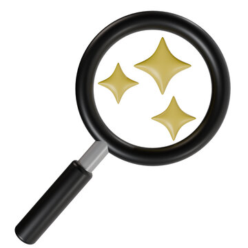 3D render illustration of a black magnifying glass with sparkling stars, representing AI search, smart discovery, and magic finding concepts. Ideal for web design, mobile UI interfaces