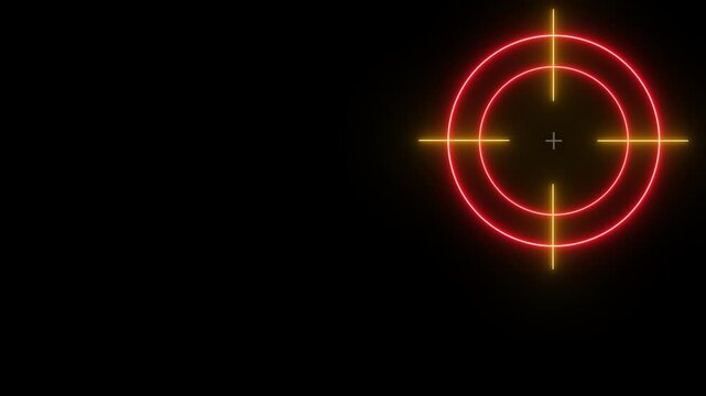 Glowing neon target icon animation on black screen. Neon aims cross, target search and aiming animation.4k video.