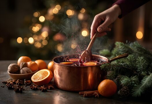 A woman's hands stir mulled wine in a black cauldron with orange slices and spices, surrounded by citrus fruits