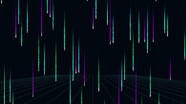 Digital matrix rain falling with green and purple glowing binary data codes over a grid background