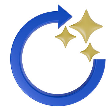 ​3D Blue Circular Arrow with Gold Sparkle Stars Icon for Refresh Reload Sync Upgrade Clean Process UI Design