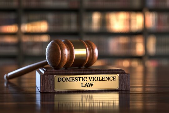 A wooden gavel rests on a block engraved with "Domestic Violence Law," symbolizing justice and legal measures against domestic abuse.