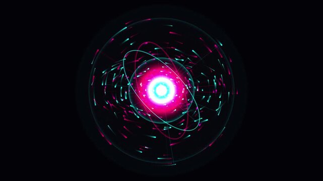 Futuristic atom structure spinning with glowing particles and orbital rings