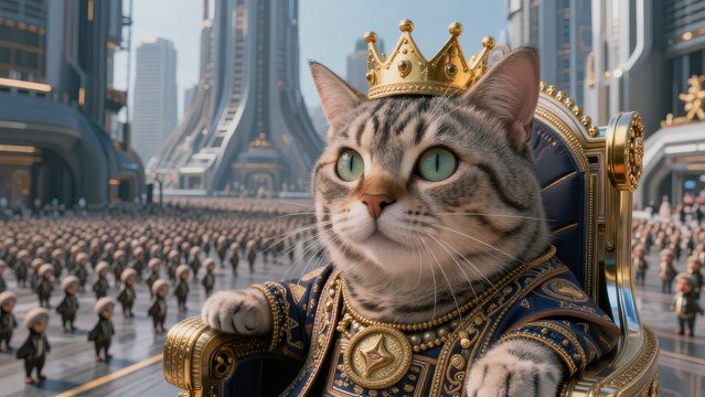 Cat King Throne in Futuristic City with Royal Atmosphere