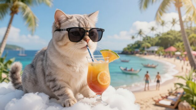 Cat Enjoying a Tropical Drink on a Beautiful Beach Paradise Day