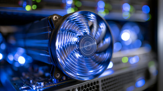 computer hardware fan spinning inside a modern pc build with colorful blue lighting