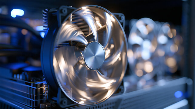 close up of a computer cooling fan glowing with vibrant blue lighting inside a pc case