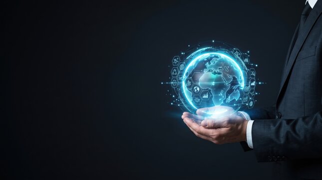 Businessman holding a glowing digital globe representing global connectivity and data network