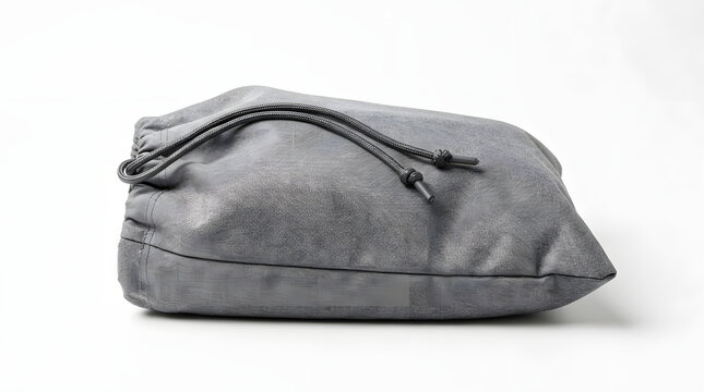 Minimalist grey drawstring pouch bag isolated on white background.