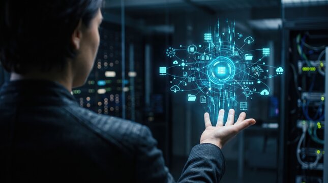 A professional technician interacting with a glowing digital network interface in a server room