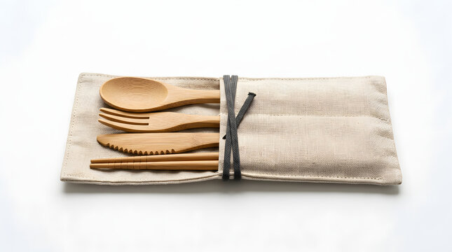 Reusable ecofriendly bamboo cutlery set in a fabric roll pouch.
