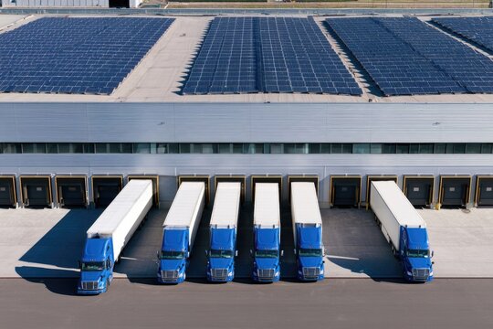 Aerial view of a logistics hub with six blue trucks docked at a warehouse equipped with solar panels on the roof.