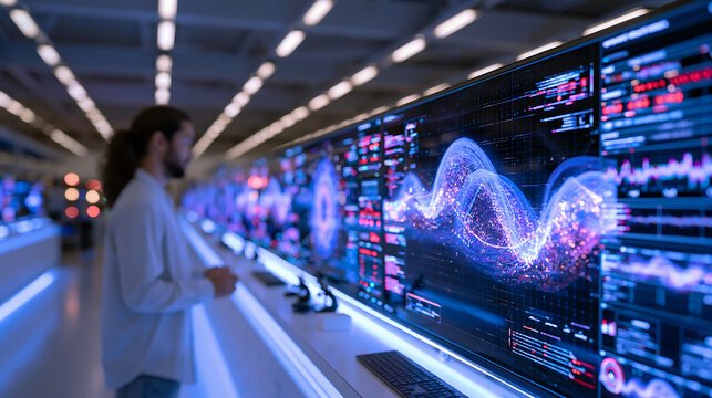 abstract blue data visualization showing a dynamic wave pattern in a tech facility