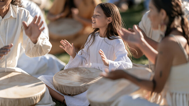 seniors enjoying a lively drum circle session while clapping and drumming outdoors together