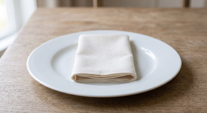 White ceramic dinner plate with folded cloth napkin on wooden table horizontal close up for restaurant menu design and dining concept