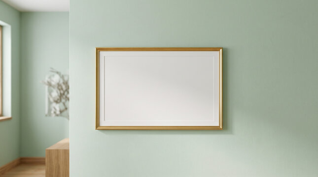 Minimalist green wall interior mockup with empty gold photo frame horizontal copy space for art display or poster design presentation