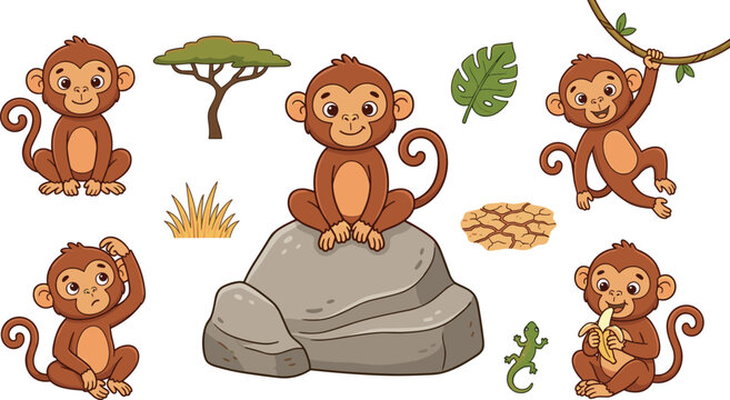 Cute Little Monkey Vector Illustration Set with Various Poses Sitting on Rock Swinging on Vine Eating Banana and Scratching Head for Kids Designs