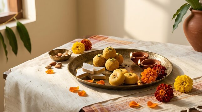 Traditional Indian Sweets and Diyas for Diwali Festival Celebration