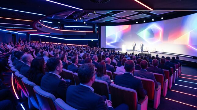 Business conference inside futuristic auditorium illuminated by neon lights, professional audience seated in rows facing presentation screen, corporate event